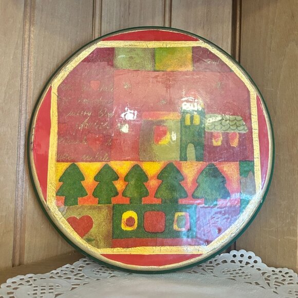 Vintage Wooden Trivet Abstract Christmas Design Red Green Gold Round 7.5 Inches - Picture 1 of 4